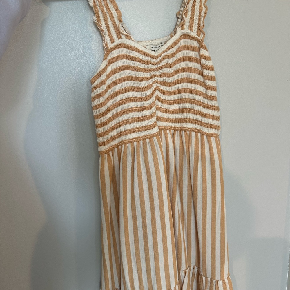 Striped Tan and White Sleeveless Dress